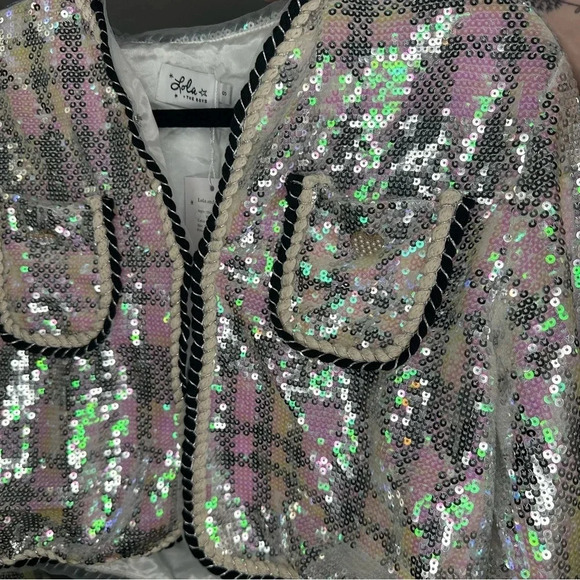 NWT Lola + The Boys Shimmer Sequin Houndstooth Bomber Jacket Silver Size Small - Picture 7 of 8